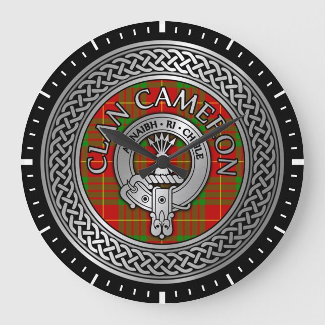 Klan Cameron Vapensköld & Tartan Knot Large Clock Stor Klocka (Framsida)