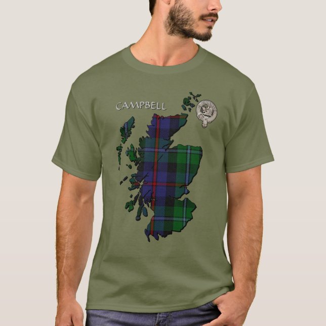 Klan Campbell Vapensköld & Cawdor Tartan Karta T Shirt (Framsida)