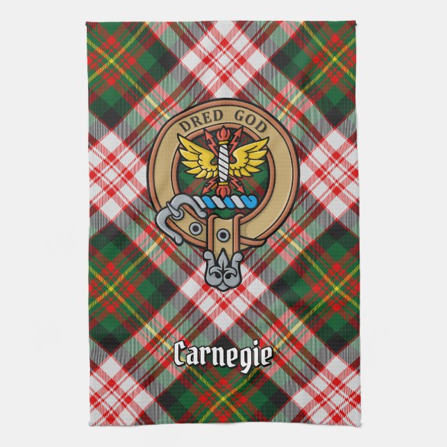 Klan Carnegie Vapensköld över Dress Tartan Kökshandduk (Vertikal)