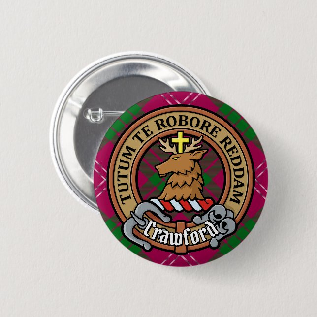 Klan Crawford Vapensköld över Tartan Knapp (Framsida & baksida)