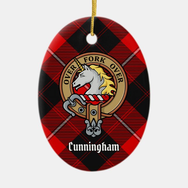 Klan Cunningham Vapensköld över Tartan Julgransprydnad Keramik (Framsidan)