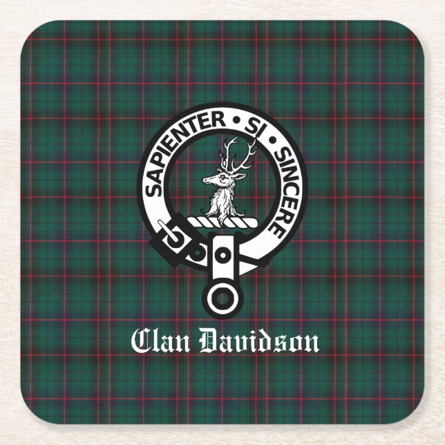 Klan Davidson Vapensköld Badge och Tartan Underlägg Papper Kvadrat (Framsidan)