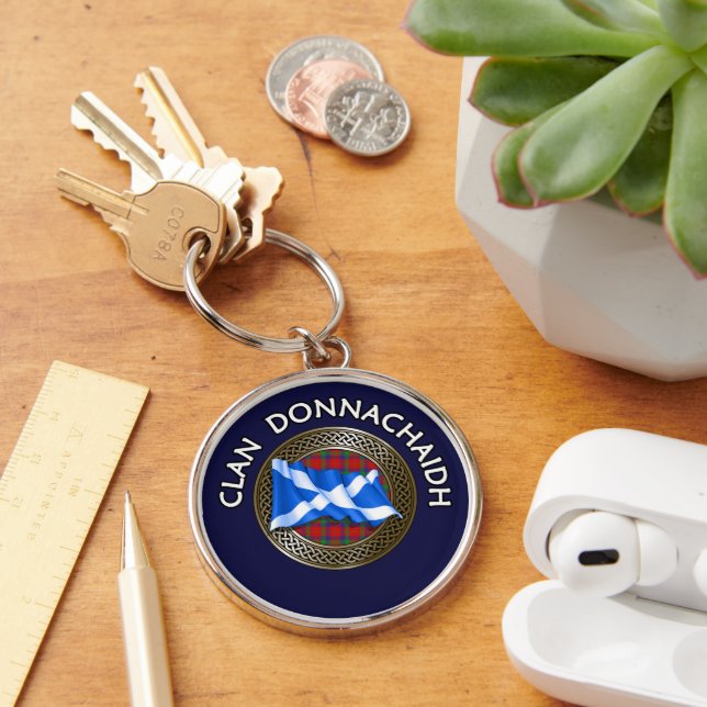 Klan Donnachaidh | Robertson Tartan Knot & Flagga Rund Silverfärgad Nyckelring (Skrivbord)