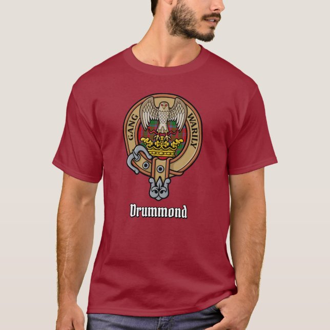 Klan Drummond Vapensköld över Tartan T Shirt (Framsida)