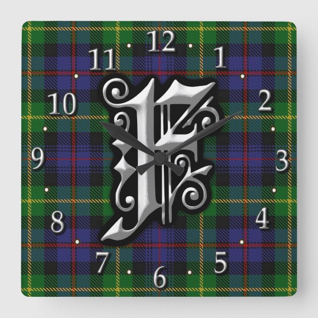 Klan Farquharson Brev F Monogram Tartan Fyrkantig Klocka (Framsida)