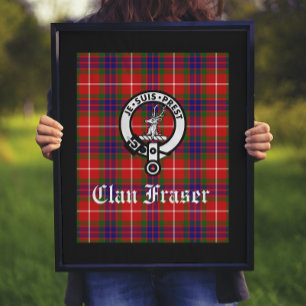 Klan Fraser Vapensköld Badge och Tartan Art Print Poster