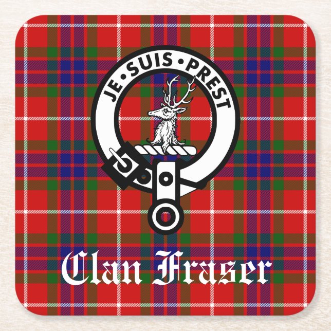 Klan Fraser Vapensköld Badge och Tartan Underlägg Papper Kvadrat (Framsidan)