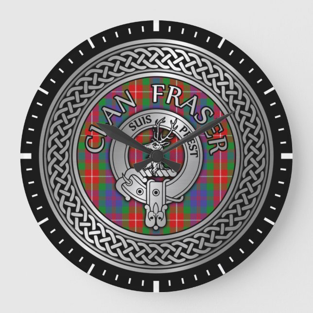 Klan Fraser Vapensköld & Tartan Knot Large Clock Stor Klocka (Framsida)