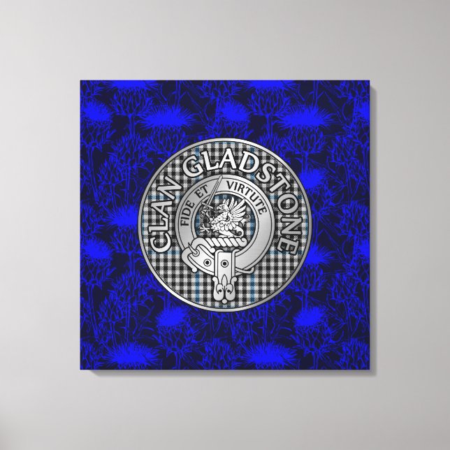 Klan Gladstone Vapensköld & Tartan på Thistle Canvastryck (Framsida)