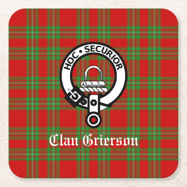 Klan Grierson Vapensköld Badge & Tartan Underlägg Papper Kvadrat (Framsidan)