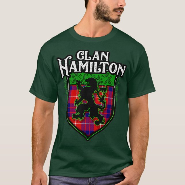 Klan Hamilton Surname Scottish Tartan Lejon Vapens T Shirt (Framsida)