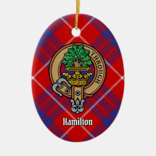 Klan Hamilton Vapensköld över Red Tartan Julgransprydnad Keramik