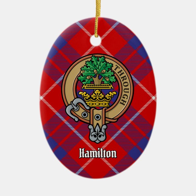 Klan Hamilton Vapensköld över Red Tartan Julgransprydnad Keramik (Framsidan)