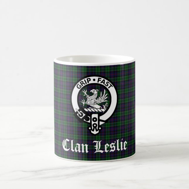 Klan Leslie Vapensköld Badge och Tartan Kaffemugg (Center)