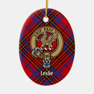 Klan Leslie Vapensköld över Red Tartan Julgransprydnad Keramik