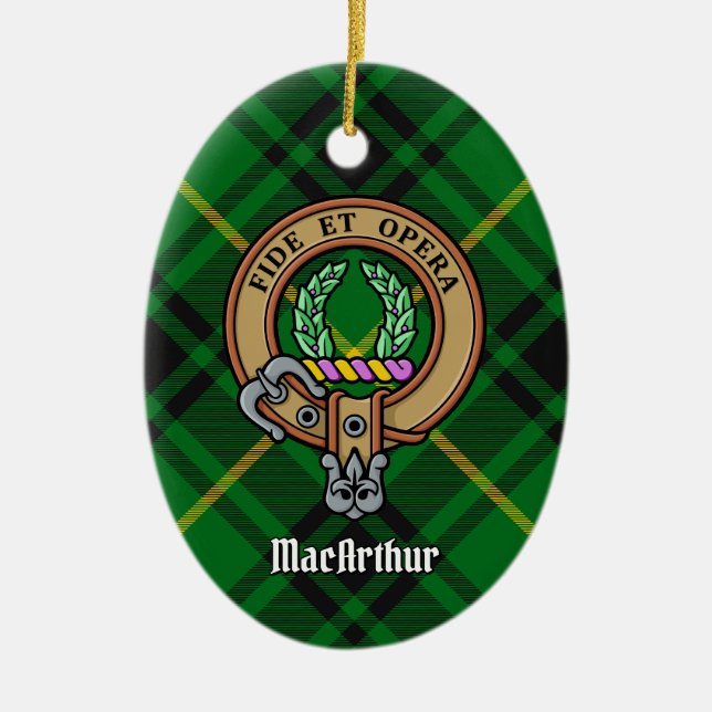 Klan MacArthur Vapensköld över Tartan Julgransprydnad Keramik (Framsidan)