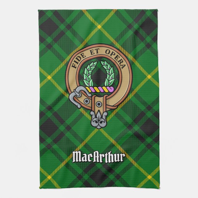 Klan MacArthur Vapensköld över Tartan Kökshandduk (Vertikal)