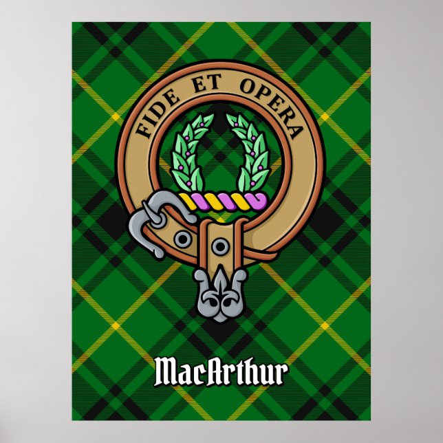 Klan MacArthur Vapensköld över Tartan Poster (Framsidan)