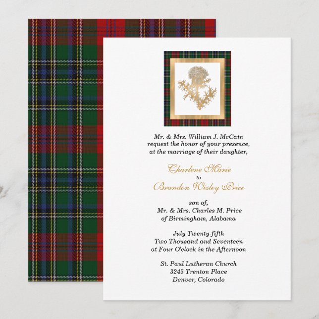 Klan MacClain Thistle Tartan Bröllopsbjudan Inbjudningar (Fram/baksida)