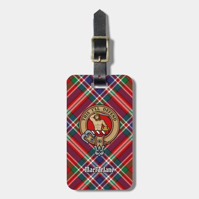 Klan MacFarlane Vapensköld över Red Tartan Bagagebricka (Vertikal Framsida)
