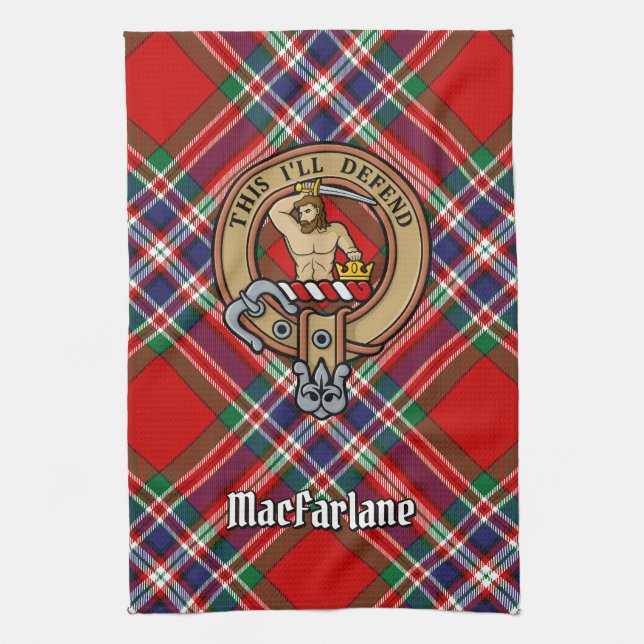 Klan MacFarlane Vapensköld över Red Tartan Kökshandduk (Vertikal)