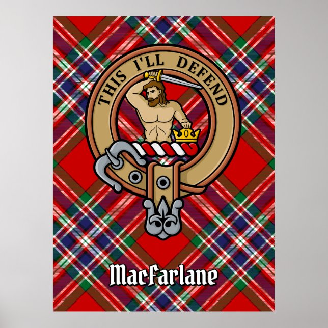 Klan MacFarlane Vapensköld över Red Tartan Poster (Framsidan)