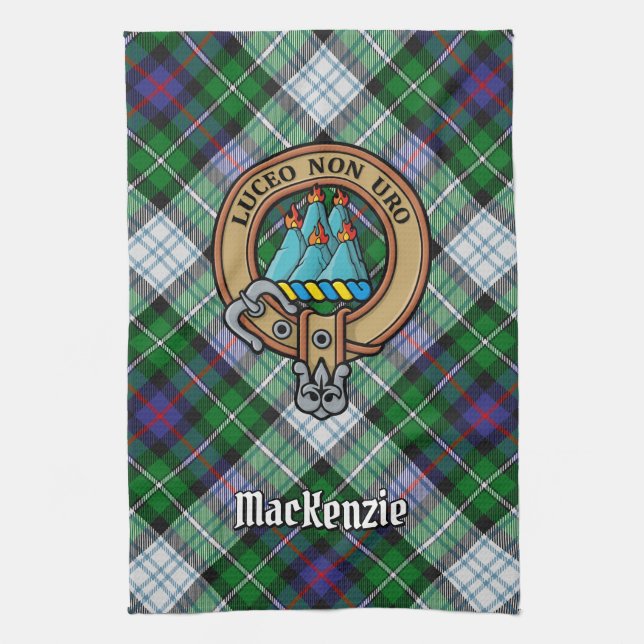 Klan MacKenzie-Vapensköld över Dress Tartan Kökshandduk (Vertikal)