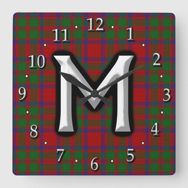 Klan MacKintosh MacIntosh Brev M Monogram Tartan Fyrkantig Klocka (Framsida)