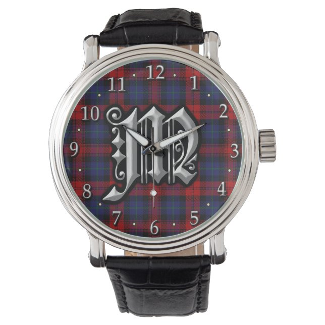 Klan MacLachlan Brev M Monogram Red Blue Tartan Armbandsur (Framsida)