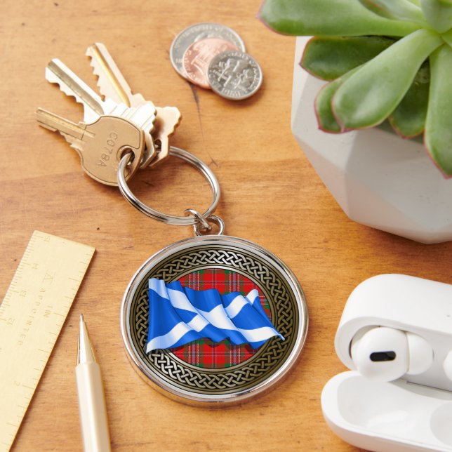 Klan MacLean Tartan Knot & Flagga Rund Silverfärgad Nyckelring (Skrivbord)