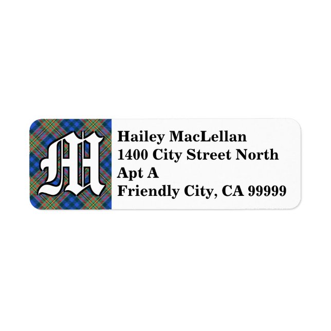 Klan MacLellan Tartan Monogram Royal Returadress Etikett (Framsidan)