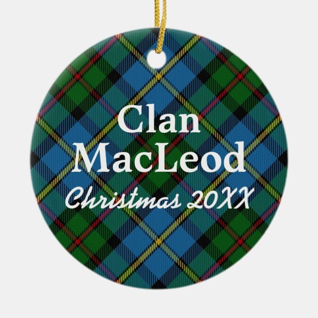 Klan MacLeod Scottish Blue och Grönt Tartan Julgransprydnad Keramik (Framsidan)