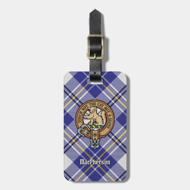 Klan MacPherson-Vapensköld över Blue Dress Tartan Bagagebricka (Vertikal Framsida)