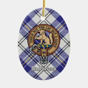 Klan MacPherson-Vapensköld över Blue Dress Tartan Julgransprydnad Keramik