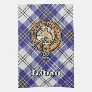 Klan MacPherson-Vapensköld över Blue Dress Tartan Kökshandduk