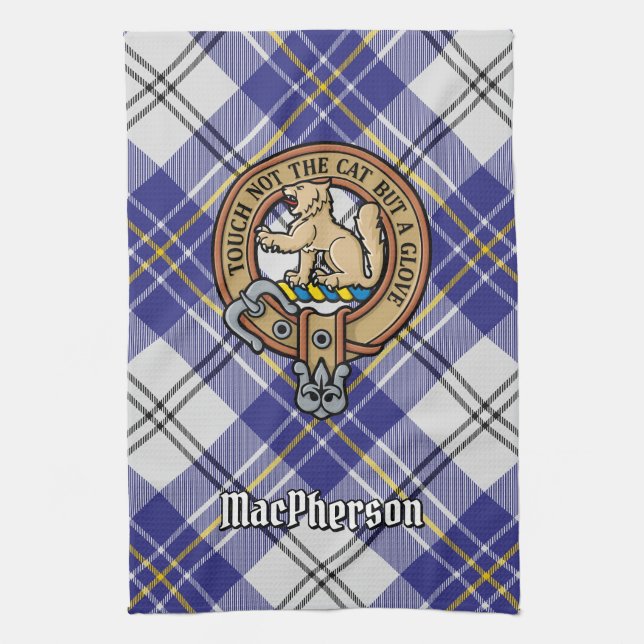 Klan MacPherson-Vapensköld över Blue Dress Tartan Kökshandduk (Vertikal)
