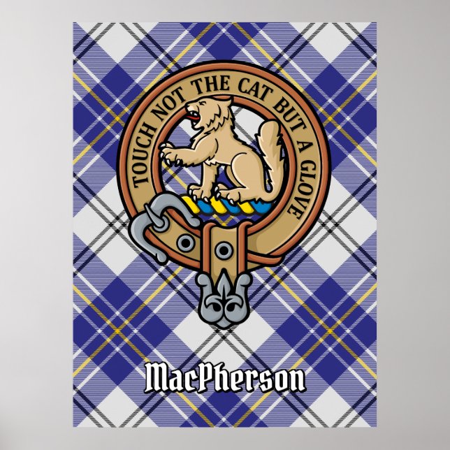 Klan MacPherson-Vapensköld över Blue Dress Tartan Poster (Framsidan)