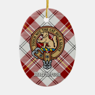 Klan MacPherson Vapensköld över Red Dress Tartan Julgransprydnad Keramik
