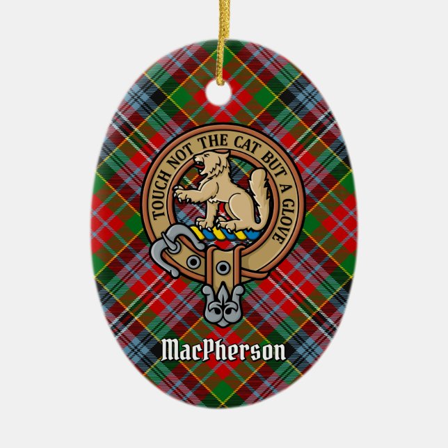 Klan MacPherson Vapensköld över Tartan Ceramic Orn Julgransprydnad Keramik (Framsidan)