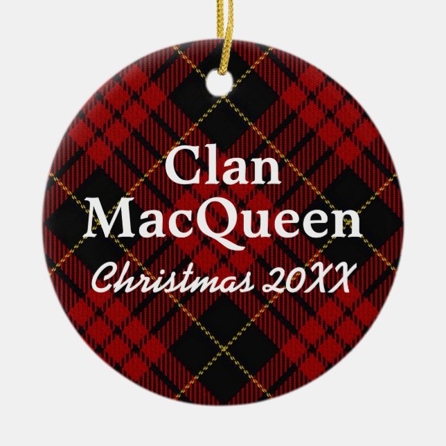 Klan MacQueen Scottish Red and Black Tartan Julgransprydnad Keramik (Framsidan)