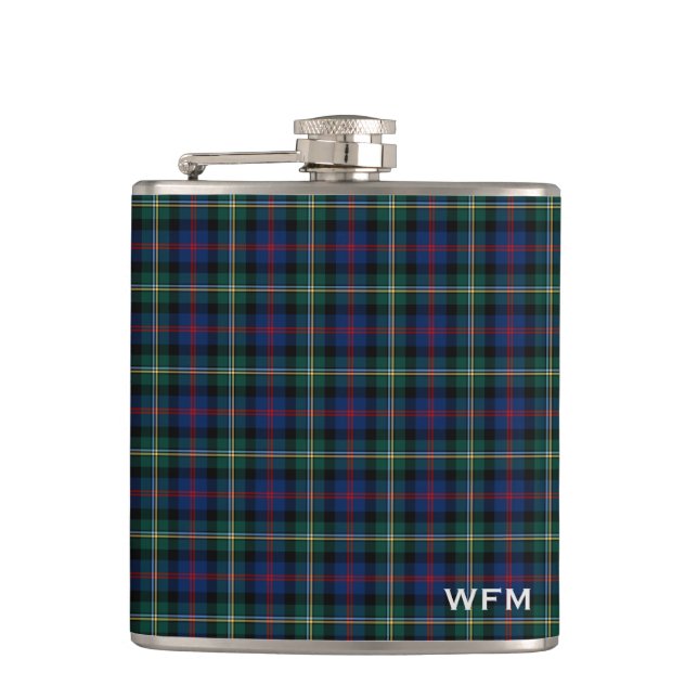 Klan Malcolm Tartan Mörk blått och Grönt Monogram Fickplunta (Framsidan)