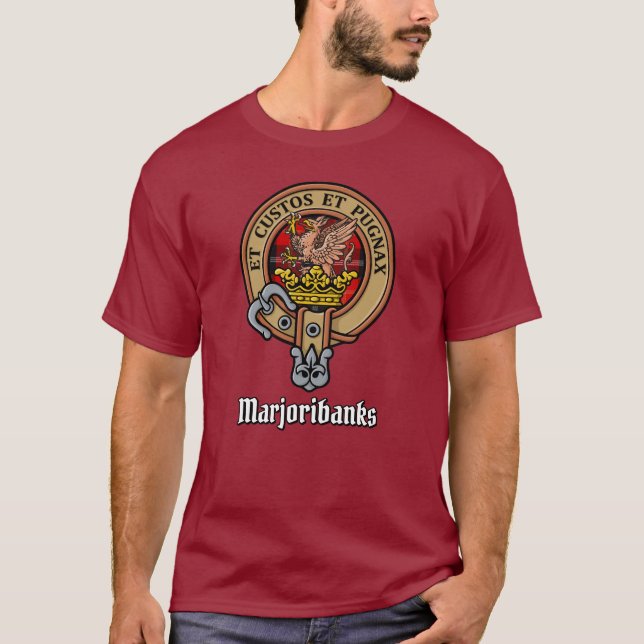Klan Marjoribanks Vapensköld över Tartan T Shirt (Framsida)