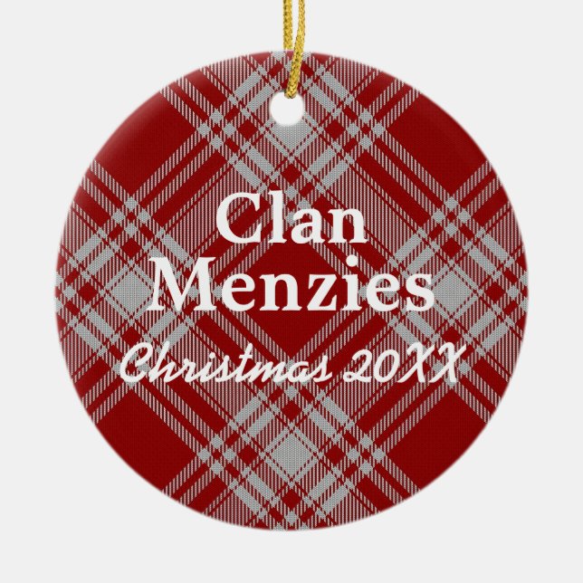 Klan Menzies Scottish Red White Tartan Julgransprydnad Keramik (Framsidan)