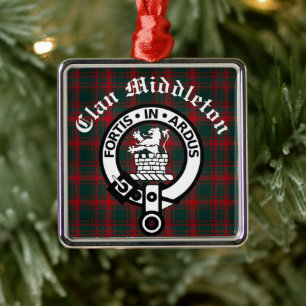 Klan Middleton Vapensköld Badge och Tartan Julgransprydnad Metall