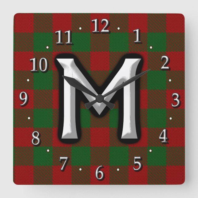 Klan Moncreiffe Moncrief Brev M Monogram Tartan Fyrkantig Klocka (Framsida)