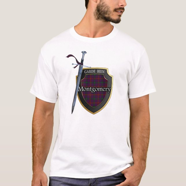 Klan Montgomery Tartan Scottish Shield & Sword Tee (Framsida)