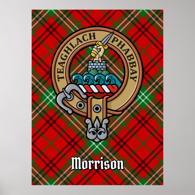 Klan Morrison Vapensköld över Red Tartan Poster (Framsidan)