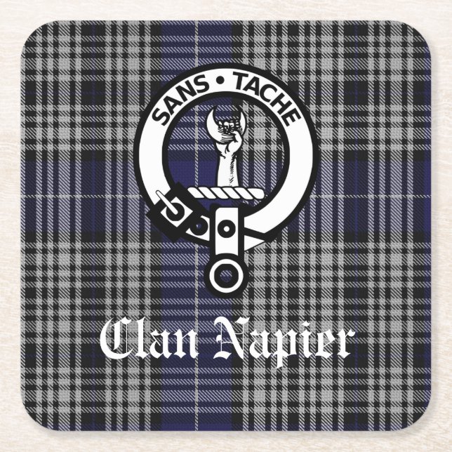 Klan Napier Vapensköld Badge och Tartan Underlägg Papper Kvadrat (Framsidan)