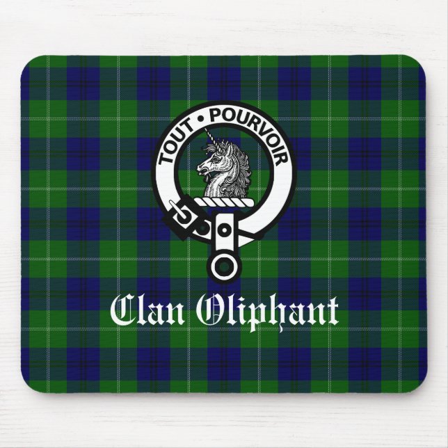 Klan Oliphant Vapensköld Badge och Tartan Musmatta (Framsidan)