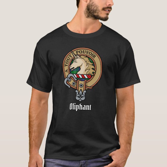 Klan Oliphant Vapensköld över Tartan T-Shirt (Framsida)